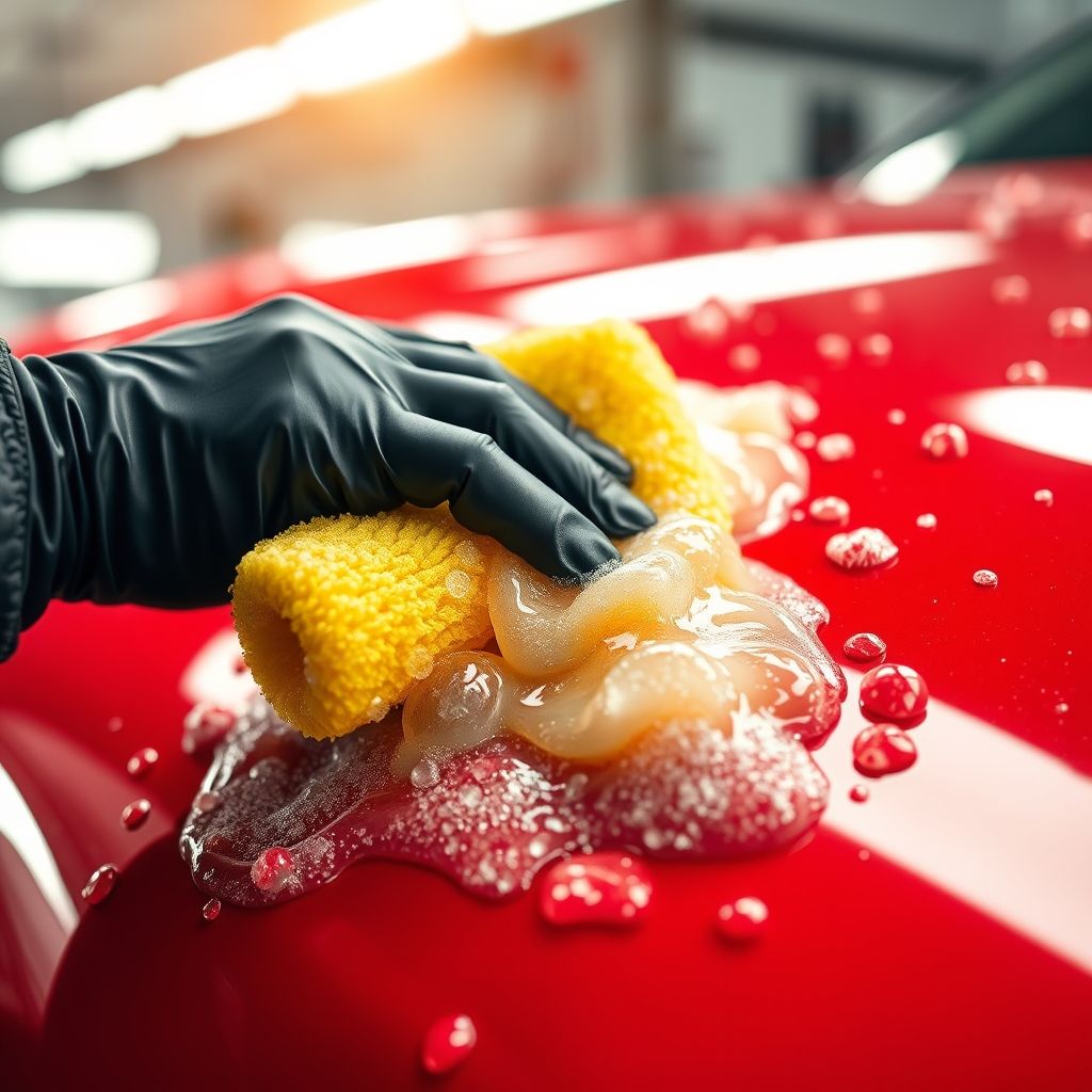 Une main gantée de noir frotte délicatement la surface d’une voiture rouge vif avec une éponge jaune, créant une cascade de mousse savonneuse adhérant à la peinture brillante. La scène est bien éclairée, suggérant un espace intérieur de lavage ou de detailing, où les reflets des lumières vives scintillent sur la carrosserie polie. Des bulles de savon se regroupent et glissent sur la carrosserie lisse, transmettant une impression de nettoyage approfondi. La composition attire l’attention sur l’action de lavage, mettant en valeur l’interaction entre l’éponge et la surface de la voiture tout en dégageant une ambiance accueillante et rafraîchissante. Ce moment capture la satisfaction de maintenir l’éclat d’un véhicule, mêlant travail minutieux et fierté.