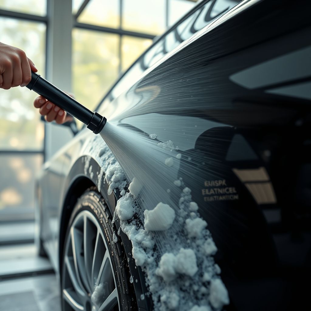 Une mousse savonneuse coule le long de la surface lisse d’un véhicule noir, tandis qu’une personne aux ongles soignés tient une lance haute pression, dirigeant un jet puissant d’eau vers la roue. Le pneu brillant contraste avec la mousse savonneuse, incarnant l’effort investi dans le nettoyage. Cette scène se déroule en intérieur, vraisemblablement dans une station de lavage, où de grandes fenêtres laissent filtrer une lumière naturelle douce, créant une atmosphère propre. La composition met en avant l’action du lavage, avec des gouttes d’eau scintillant sur la carrosserie, évoquant une sensation de fraîcheur et de renouveau. L’ambiance générale est celle de la diligence et du soin, soulignant l’importance de maintenir l’apparence d’un véhicule.