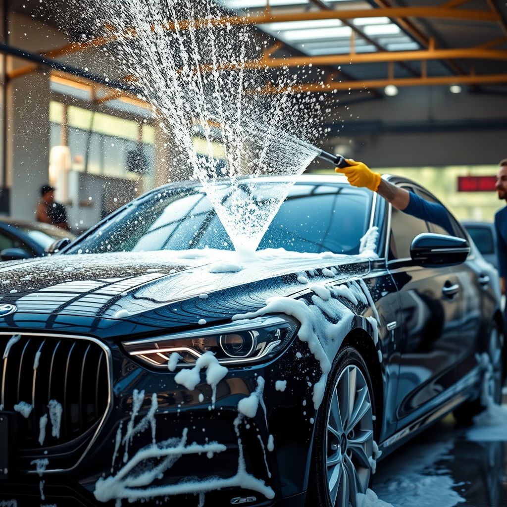 Un ouvrier en chemise bleue et gants jaunes vifs pulvérise vigoureusement de l’eau sur une voiture noire élégante dans une station de lavage, créant une cascade de gouttelettes scintillantes contre la surface brillante. L’environnement présente des touches de couleur vives alors que la lumière du soleil traverse la structure au-dessus, illuminant la mousse savonneuse qui adhère au véhicule. Le contraste entre le noir profond de la voiture et le blanc mousseux du savon accentue le processus de nettoyage, tandis que les arrière-plans flous suggèrent d’autres véhicules en attente de lavage. L’atmosphère transmet un sentiment d’activité et de fraîcheur, capturant un moment de transformation alors que la voiture est rajeunie.