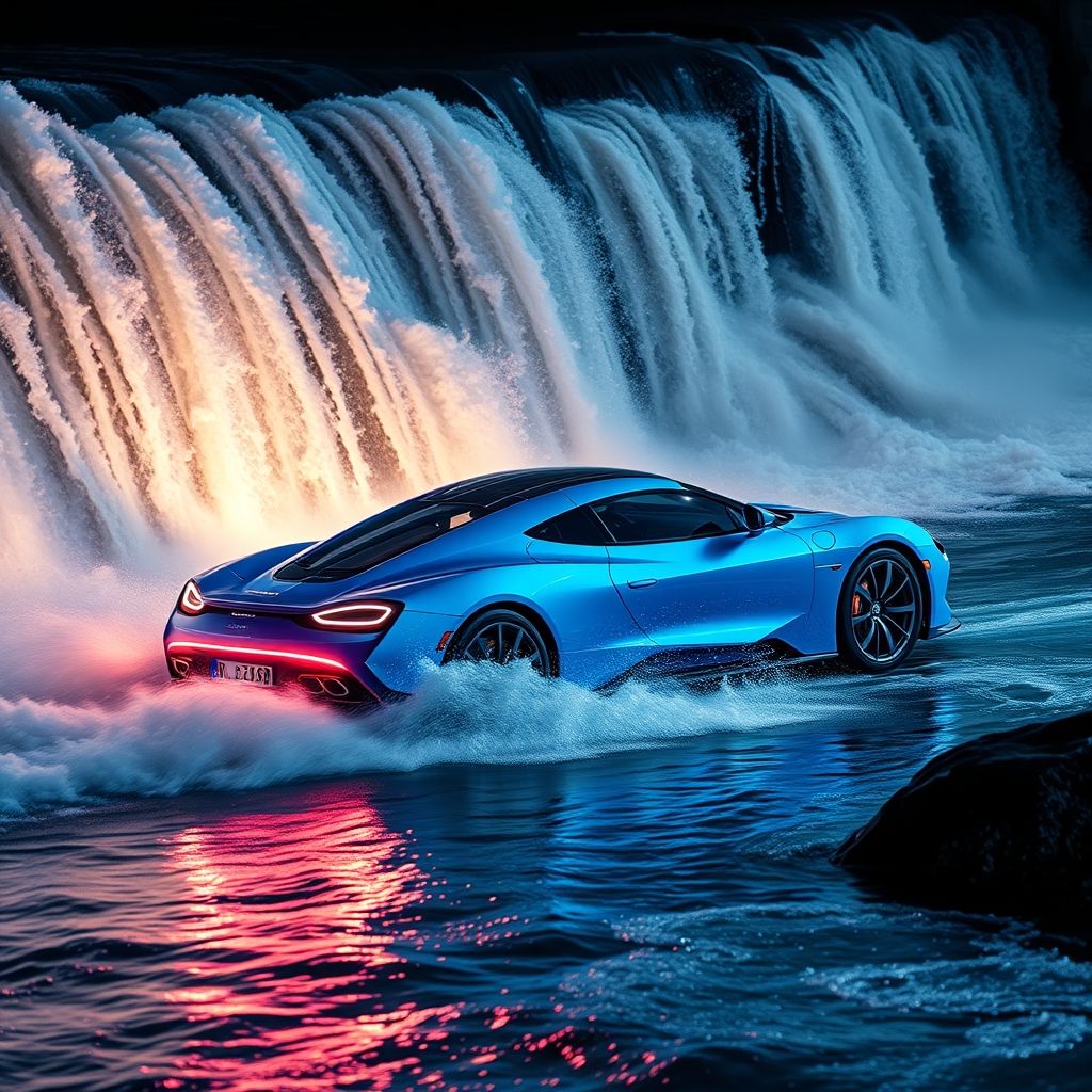 Une voiture sportive bleue élégante traverse une cascade d’eau, créant des éclaboussures dramatiques qui scintillent sur un arrière-plan sombre et flou. La surface polie du véhicule reflète des teintes vibrantes et la lumière, mettant en valeur ses lignes aérodynamiques et sa finition brillante. De puissants rayons lumineux ponctuent la scène, renforçant le mouvement dynamique et soulignant le mouvement de l’eau qui s’écoule de la voiture. L’ambiance nocturne, combinée à l’action palpitante, évoque une sensation de vitesse et d’excitation, captivant le spectateur par sa composition puissante et énergique. L’atmosphère globale reflète à la fois le luxe et l’adrénaline, invitant à admirer l’ingénierie et l’art du véhicule dans ce moment cinématographique vibrant.