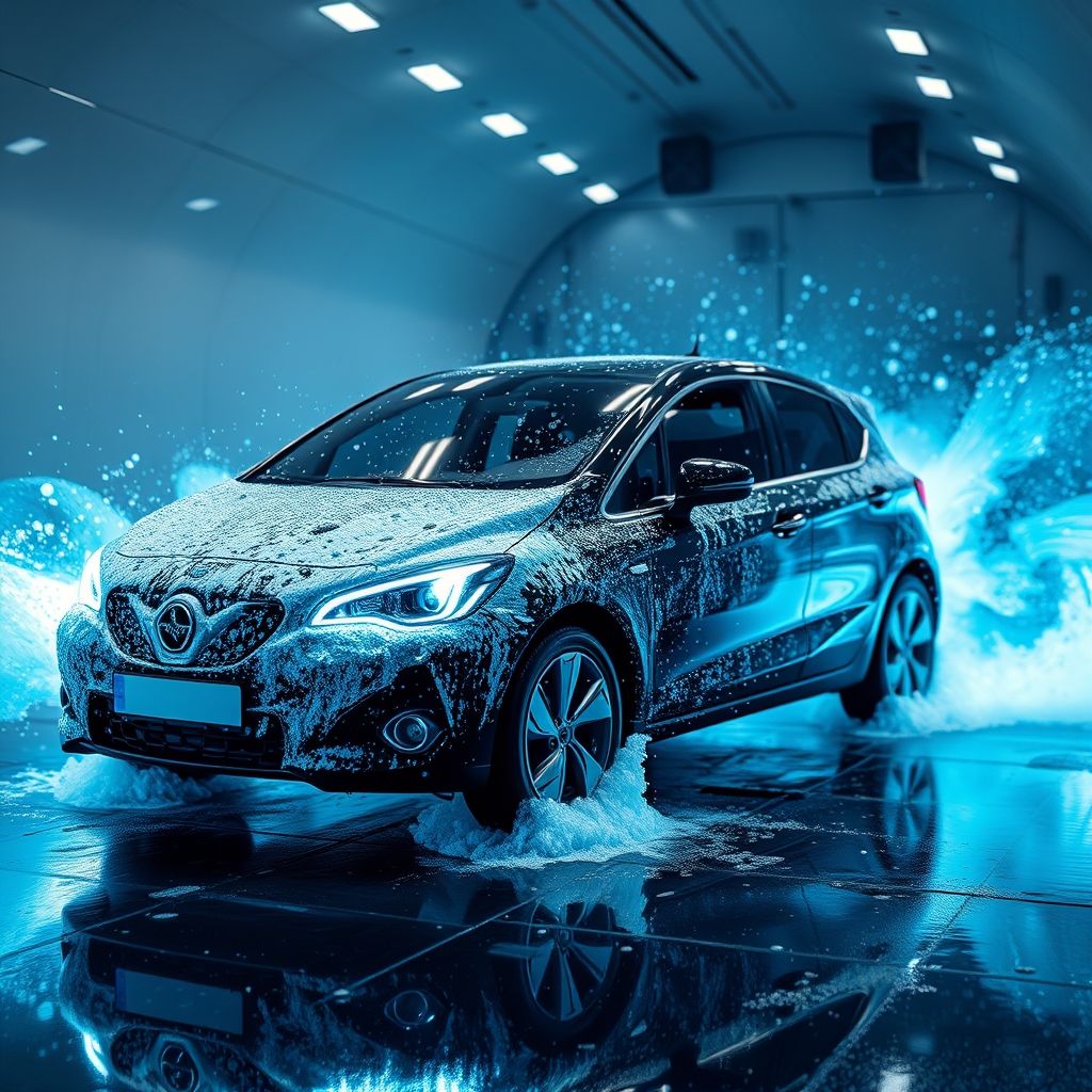 Une voiture noire élégante, partiellement couverte de jets d’eau et de mousse, est lavée dans un tunnel de lavage automatique, entourée de brosses bleues vibrantes qui semblent tourbillonner en action. Le véhicule est illuminé par une lumière ambiante, mettant en valeur les gouttes qui coulent sur sa surface, créant un effet brillant. En arrière-plan, des contours flous de machines soulignent le caractère automatisé du processus de lavage. La scène évoque un sentiment de mouvement et de propreté, souligné par l’interaction dynamique de l’eau, de la mousse et de la lumière, créant une expérience visuelle captivante. L’atmosphère générale est énergique et rafraîchissante, capturant le moment de transformation durant lequel la voiture subit son nettoyage.