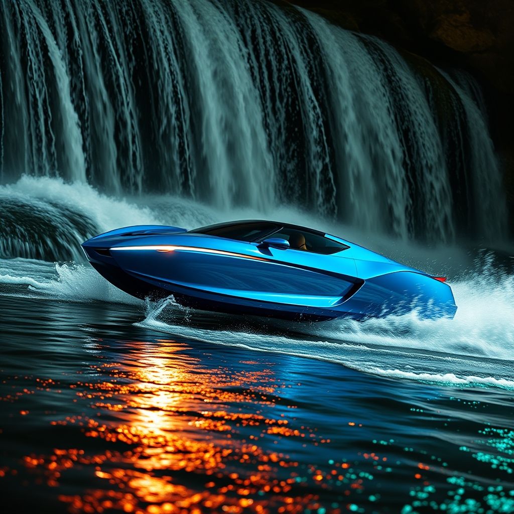 Une voiture sportive bleue élégante traverse une cascade d’eau, créant des éclaboussures dramatiques qui scintillent sur un arrière-plan sombre et flou. La surface polie du véhicule reflète des teintes vibrantes et la lumière, mettant en valeur ses lignes aérodynamiques et sa finition brillante. De puissants rayons lumineux ponctuent la scène, renforçant le mouvement dynamique et soulignant le mouvement de l’eau qui s’écoule de la voiture. L’ambiance nocturne, combinée à l’action palpitante, évoque une sensation de vitesse et d’excitation, captivant le spectateur par sa composition puissante et énergique. L’atmosphère globale reflète à la fois le luxe et l’adrénaline, invitant à admirer l’ingénierie et l’art du véhicule dans ce moment cinématographique vibrant.