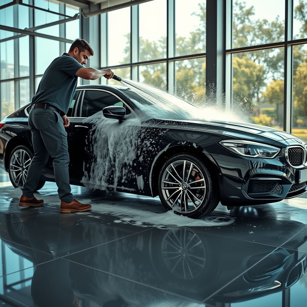Une personne au premier plan nettoie activement une voiture noire dans un lave-auto automatique, utilisant un jet d’eau haute pression qui projette un flot d’eau savonneuse sur la surface du véhicule. La voiture, partiellement masquée par la mousse et l’eau, présente des jantes chromées brillantes contrastant avec sa carrosserie sombre et élégante. Derrière le véhicule, de grandes fenêtres laissent entrer une lumière naturelle inondant l’espace, créant une atmosphère lumineuse remplie de reflets sur la voiture et d’ombres douces sur le carrelage. L’ambiance générale est dynamique et fraîche, soulignant le processus de rénovation et de propreté, avec des gouttes scintillant à la lumière au milieu des bulles.