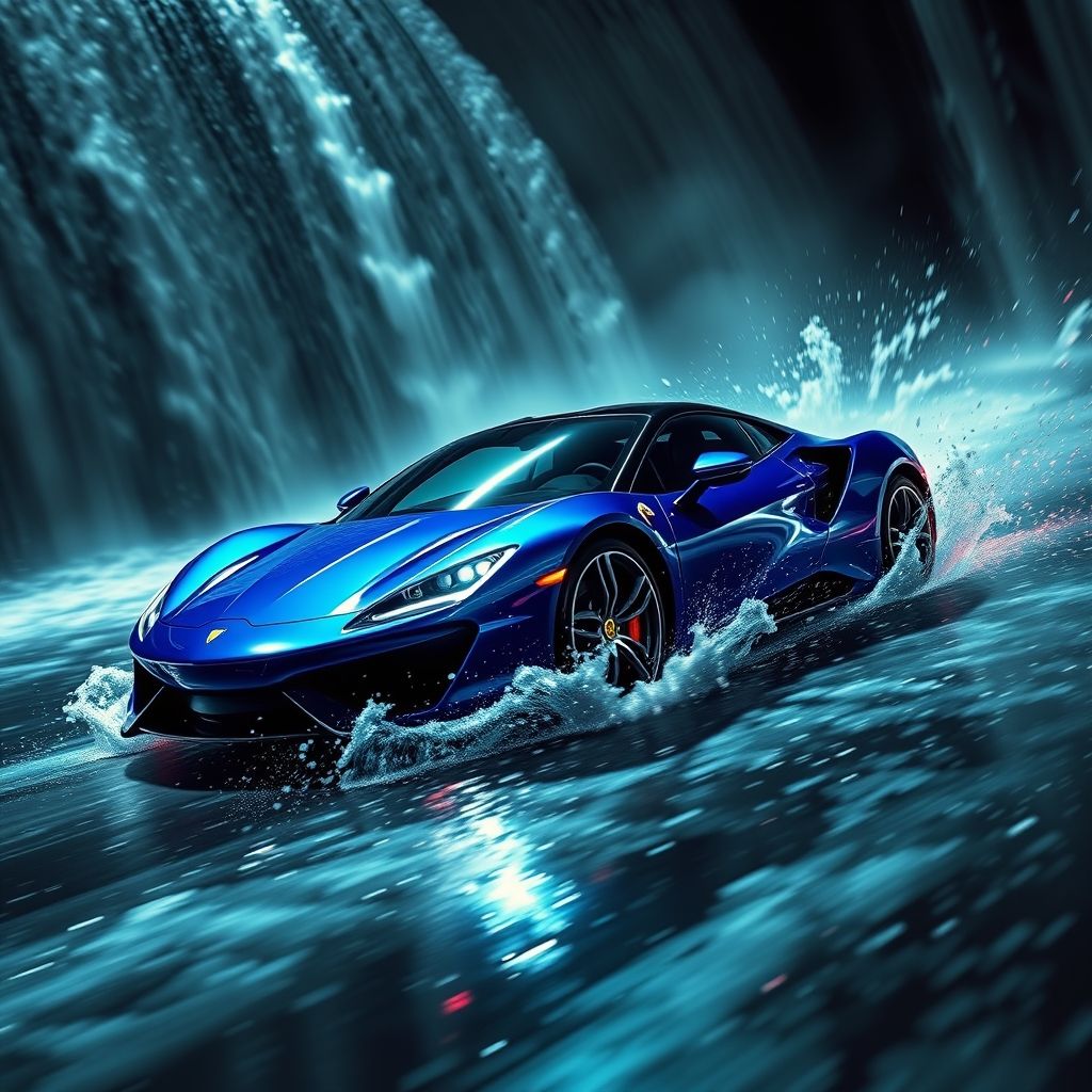 Une voiture sportive bleue élégante traverse une cascade d’eau, créant des éclaboussures dramatiques qui scintillent sur un arrière-plan sombre et flou. La surface polie du véhicule reflète des teintes vibrantes et la lumière, mettant en valeur ses lignes aérodynamiques et sa finition brillante. De puissants rayons lumineux ponctuent la scène, renforçant le mouvement dynamique et soulignant le mouvement de l’eau qui s’écoule de la voiture. L’ambiance nocturne, combinée à l’action palpitante, évoque une sensation de vitesse et d’excitation, captivant le spectateur par sa composition puissante et énergique. L’atmosphère globale reflète à la fois le luxe et l’adrénaline, invitant à admirer l’ingénierie et l’art du véhicule dans ce moment cinématographique vibrant.