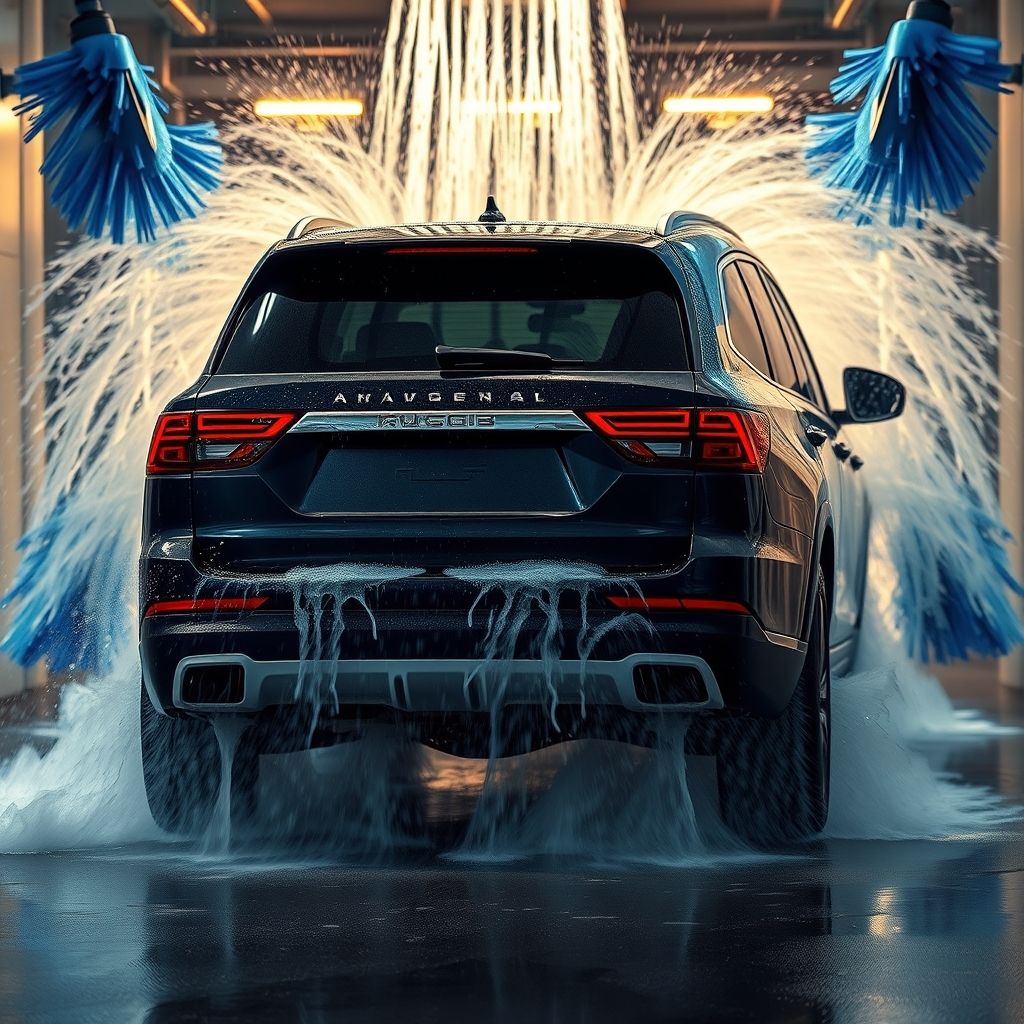 Un SUV élégant de couleur foncée est capturé dans un moment dramatique alors qu’il est enveloppé par un cycle de lavage dans une station automatique. Des brosses bleues vibrantes se balancent autour du véhicule, tandis que des jets d’eau savonneuse coulent le long de l’arrière, créant un voile de bulles et d’humidité qui scintillent sous la lumière ambiante. La scène rayonne d’un sentiment de mouvement et d’énergie, accentué par l’eau tourbillonnante et l’éclairage lumineux qui met en valeur l’aspect lisse de la voiture. La composition contraste entre l’extérieur robuste du SUV et l’action douce et nettoyante du lavage, évoquant une sensation de fraîcheur et de renouveau. Cette image vive résume à la fois la routine et la beauté mécanique de l’expérience du lavage automobile.