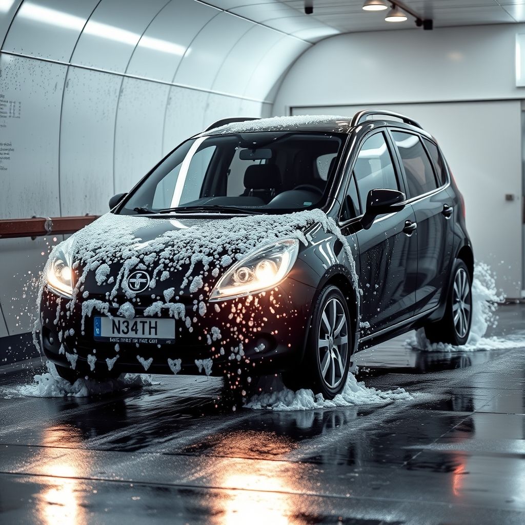 Une voiture noire élégante, partiellement couverte de jets d’eau et de mousse, est lavée dans un tunnel de lavage automatique, entourée de brosses bleues vibrantes qui semblent tourbillonner en action. Le véhicule est illuminé par une lumière ambiante, mettant en valeur les gouttes qui coulent sur sa surface, créant un effet brillant. En arrière-plan, des contours flous de machines soulignent le caractère automatisé du processus de lavage. La scène évoque un sentiment de mouvement et de propreté, souligné par l’interaction dynamique de l’eau, de la mousse et de la lumière, créant une expérience visuelle captivante. L’atmosphère générale est énergique et rafraîchissante, capturant le moment de transformation durant lequel la voiture subit son nettoyage.