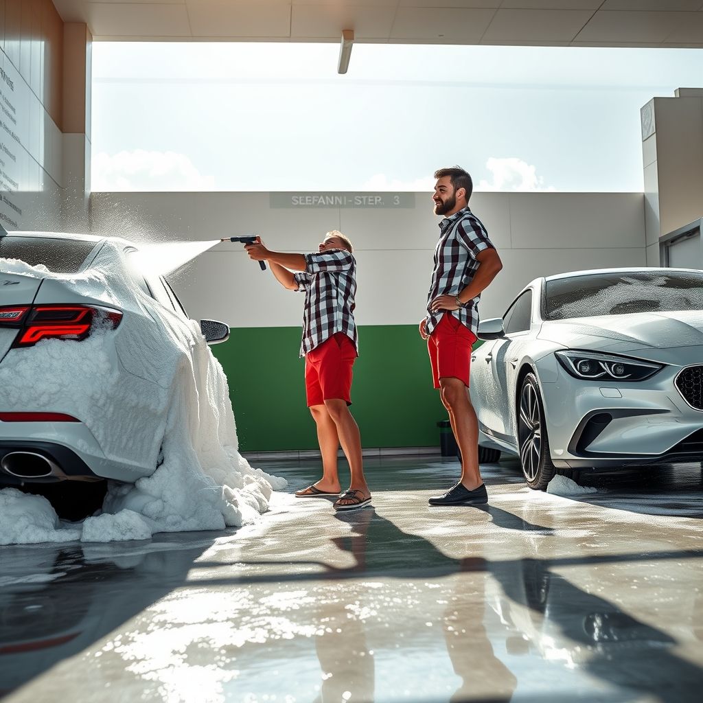 Sous un ciel lumineux, un homme lave activement deux voitures dans une station de lavage libre-service, leurs surfaces couvertes d’épaisses couches de mousse. L’homme, vêtu d’une chemise à carreaux et d’un short rouge, se tient avec assurance, tenant une lance à pulvérisation dirigée vers l’un des véhicules, tandis que l’autre voiture — un modèle élégant — est déjà savonnée et brillante à proximité. L’aire de lavage est bien organisée, avec des instructions affichées au mur, et une ambiance verte et blanche confère une sensation vibrante et propre. L’allée est mouillée d’eau et de mousse, capturant l’humeur joyeuse et studieuse du moment, alors que le soleil éclaire chaleureusement l’ensemble du décor.